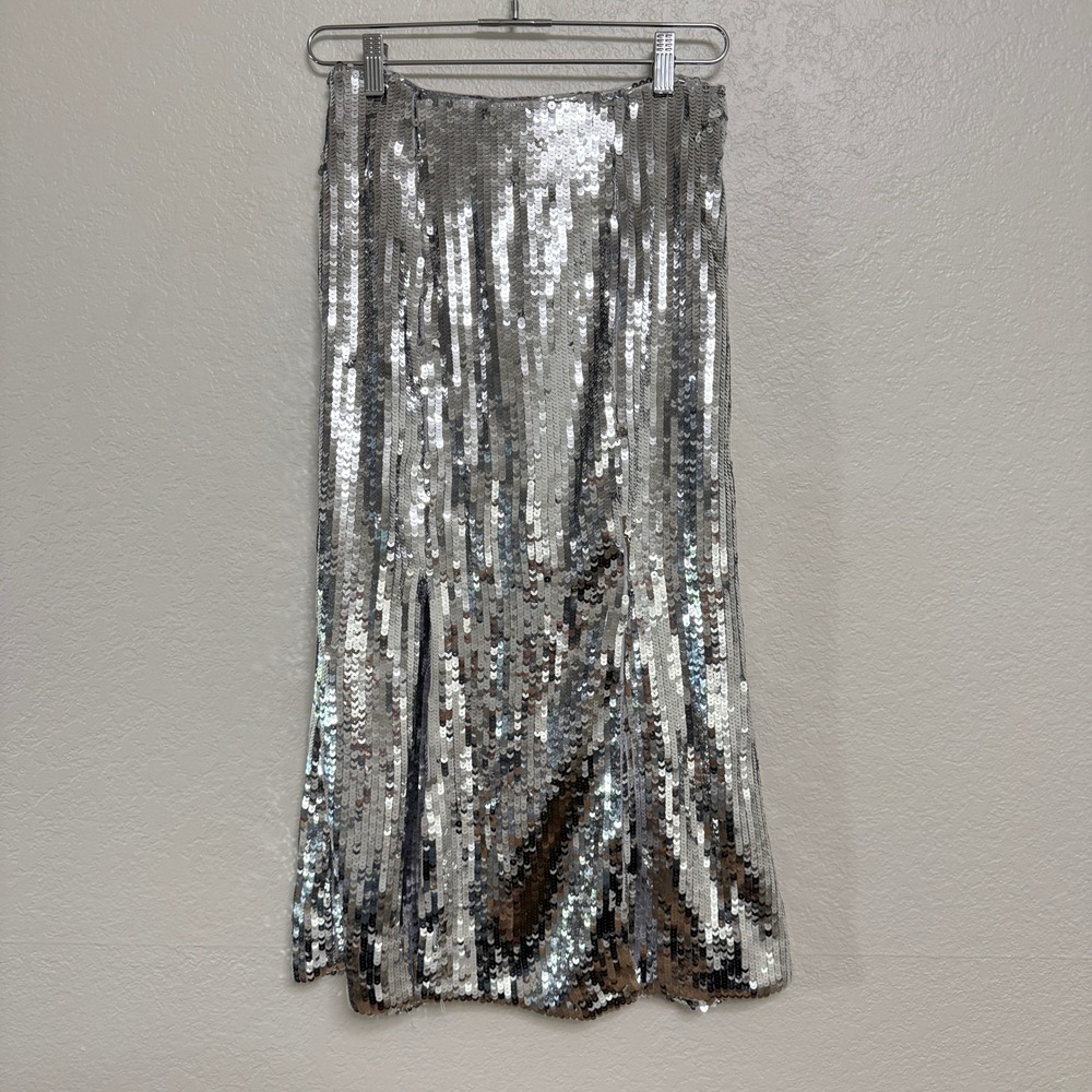 J Crew Collection Sequin Skirt Womens 2 Silver Midi Double Slit NWT